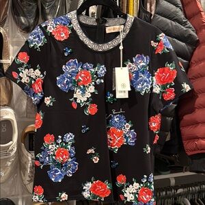 Abrand Black and Red Embellished Blouse with Peter Pan Collar